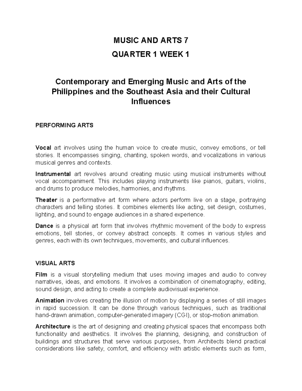 Notes - MUSIC AND ARTS 7 QUARTER 1 WEEK 1 Contemporary and Emerging ...