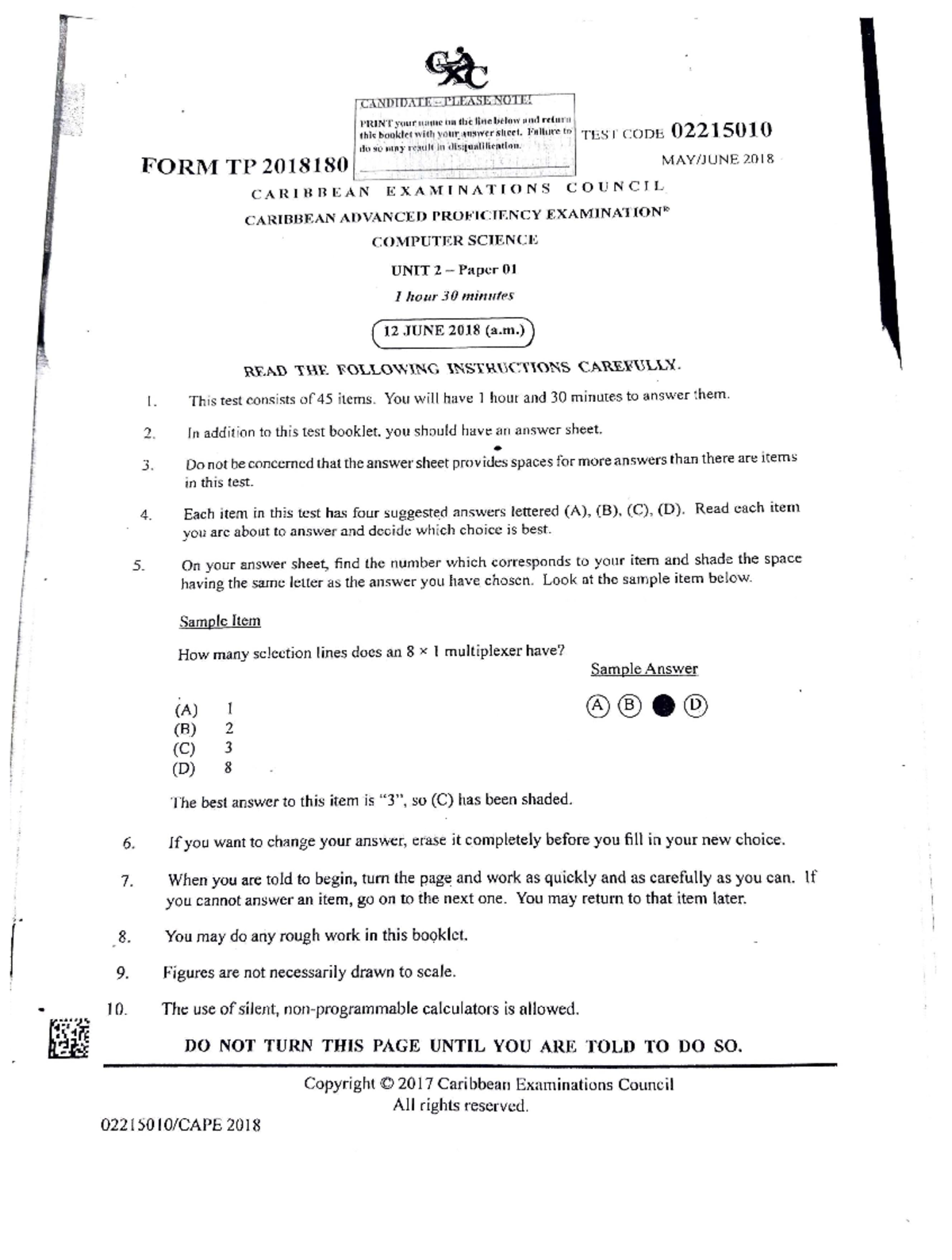 CAPE Comp Sci U2 p1 2018 - idk - I f I ; ' l'HINT yu ul'. lllll ll C ...