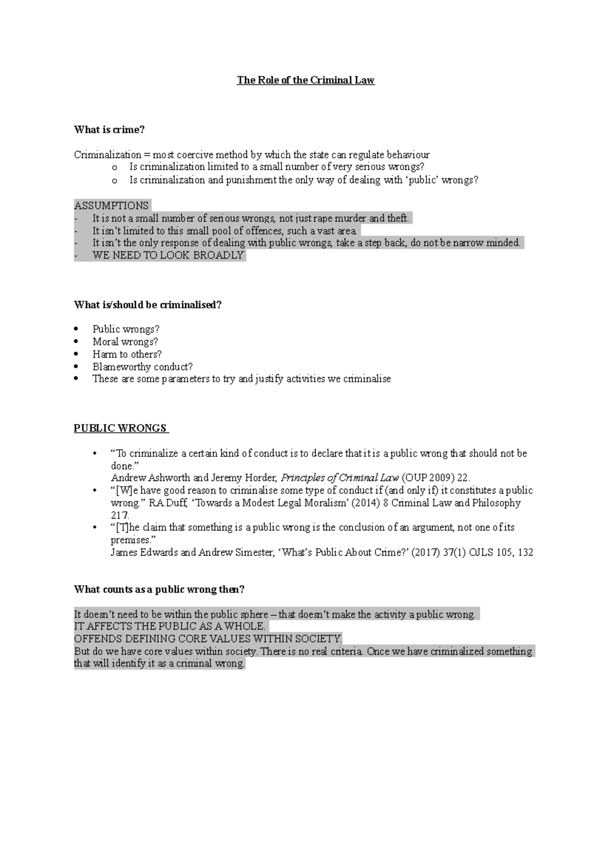 Criminal Law - The Role of the Criminal Law - Notes - The Role of the ...