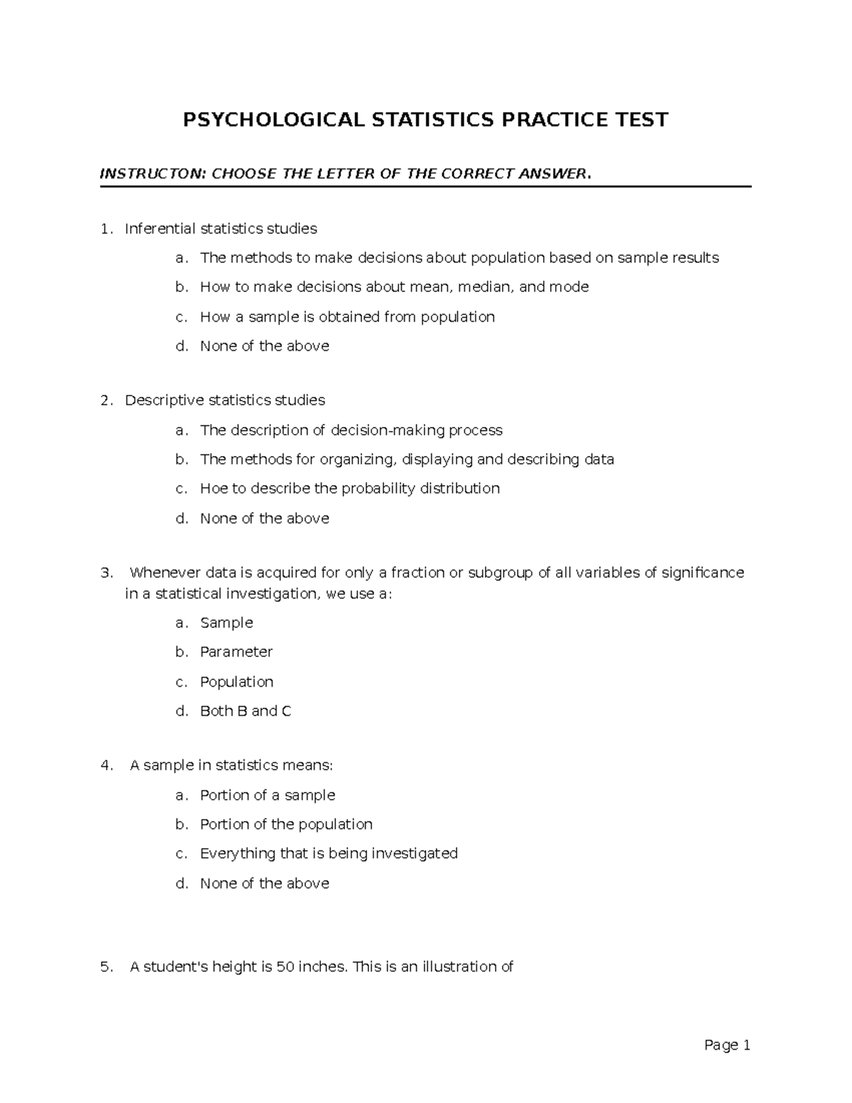 Psychological Statistics Practice TEST - PSYCHOLOGICAL STATISTICS ...