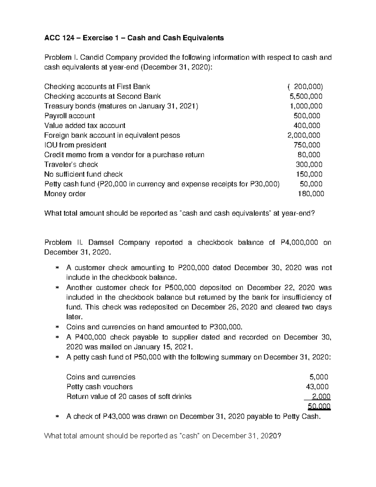 Accounting Tech ACC 124 Exercise 1 Cash And Cash Equivalents 
