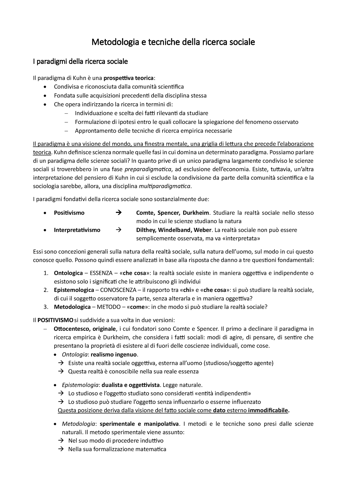 Appunti Metodologia Quantitativa Metodologia E Tecniche Della Ricerca Sociale I Paradigmi