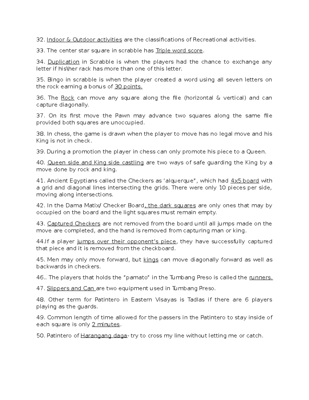 P - Vbbwhwh - Indoor & Outdoor activities are the classifications of ...