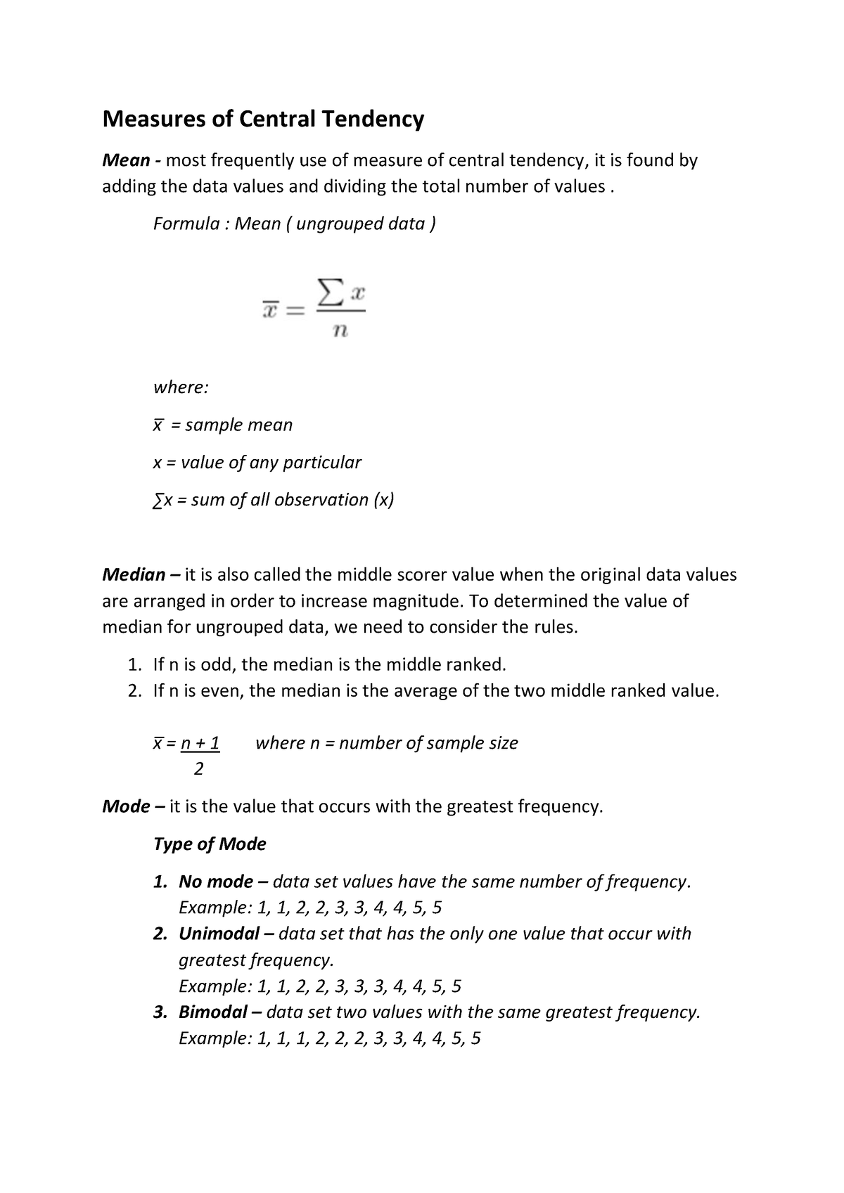 Measures Of Central Tendency Ungrouped Data Measures Of Central Tendency Mean Most 