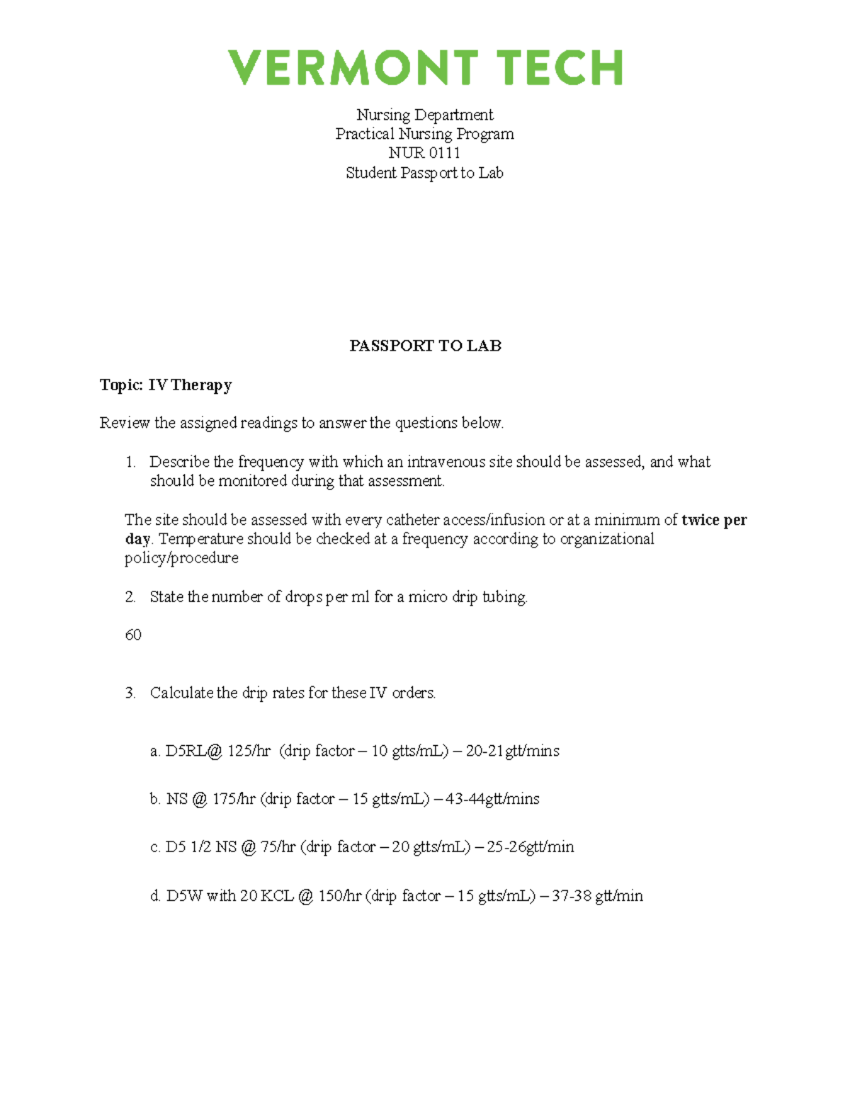 Iv therapy passport practical nursing program nur 0111 student