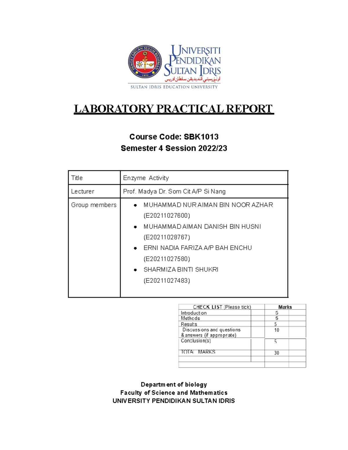 Enzyme LAB Report ASWDQLKLQDKOXKOp LABORATORY PRACTICAL REPORT