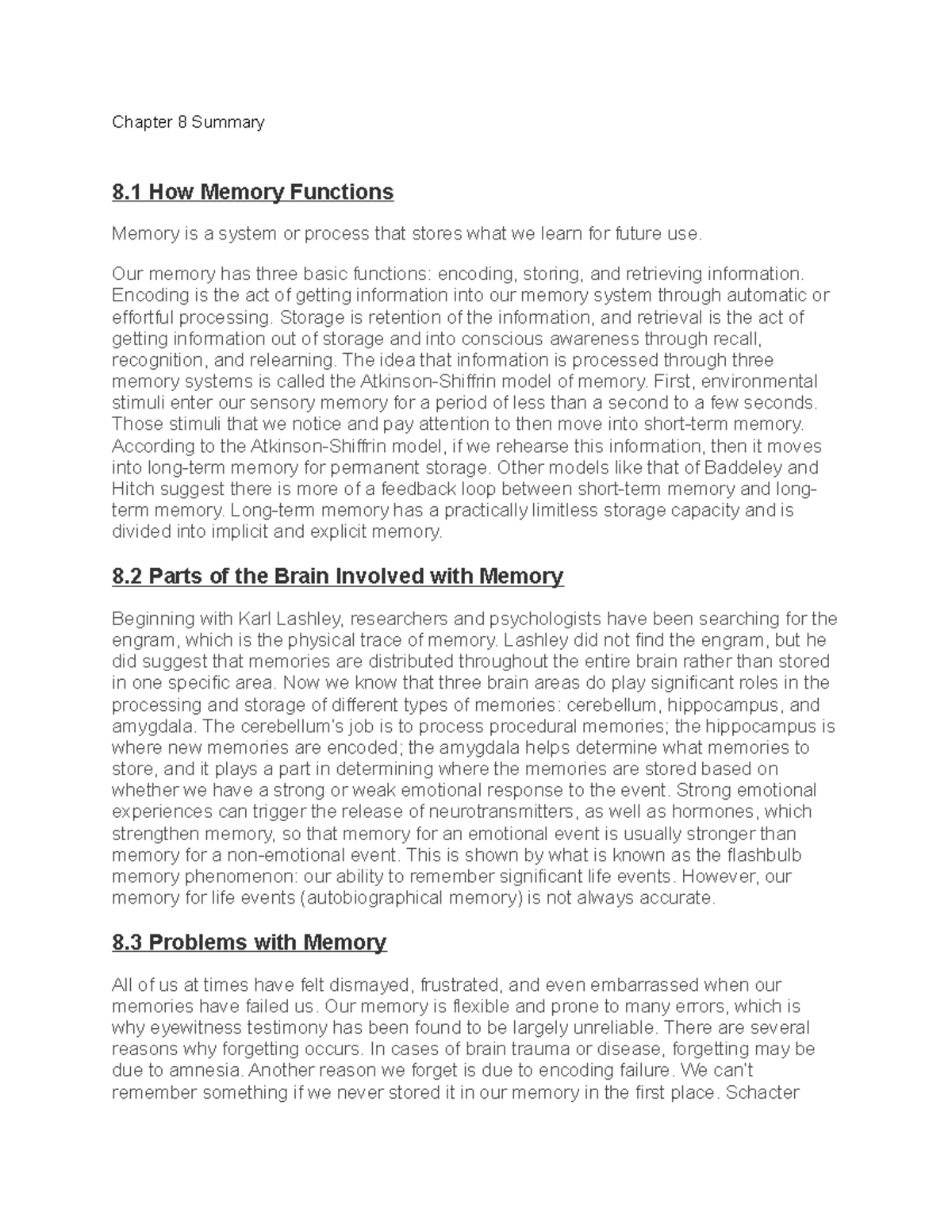 Chapter 8 Summary - Psychology - Chapter 8 Summary 8 How Memory ...