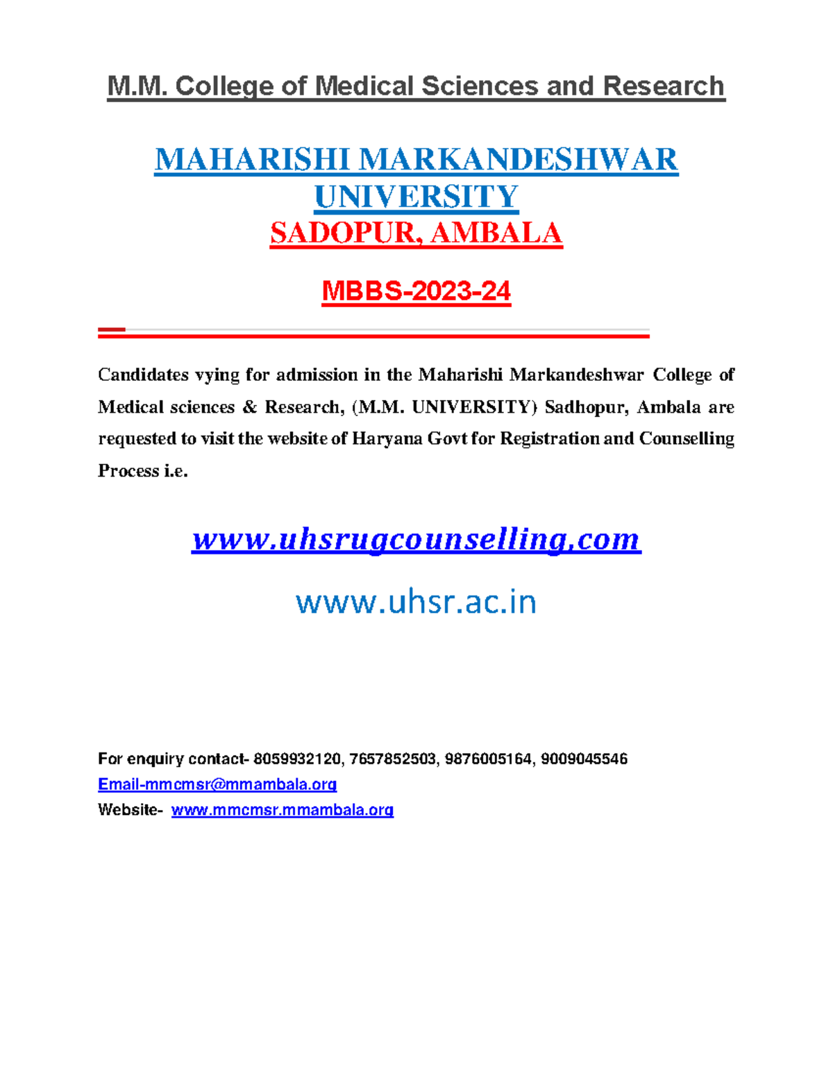 Mmcmsr Information for MBBS 2023 24 - M. College of Medical Sciences ...
