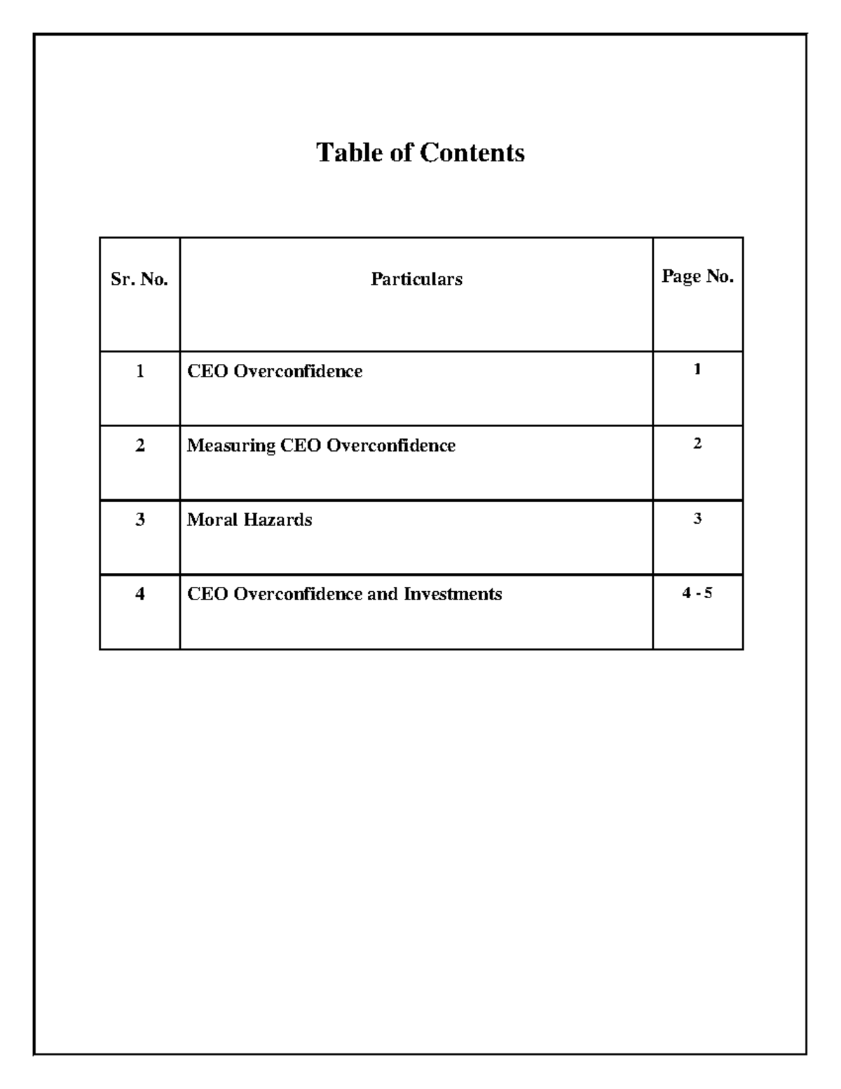 CEO Overconfidence, Moral Hazards and Investments - Table of Contents ...