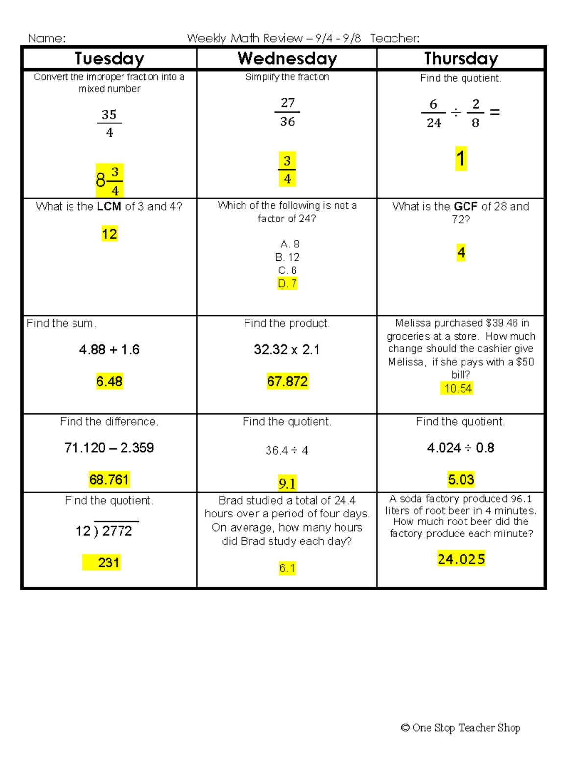 Answer Key Spiral Homework Week of 9 4 - Name: Weekly Math Review – 9/4 ...