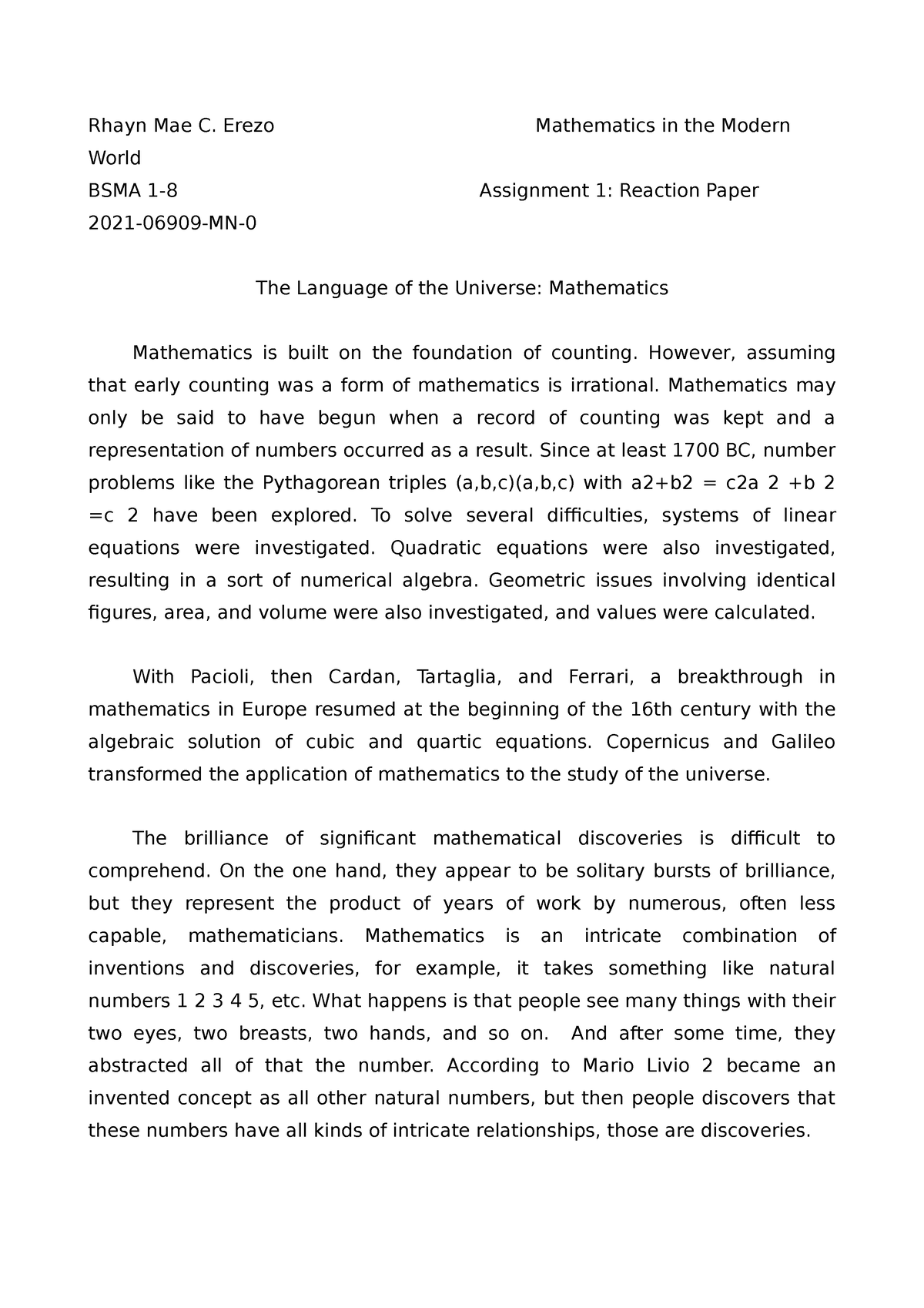 write a synthesis paper about the roles played by mathematics in the modern world