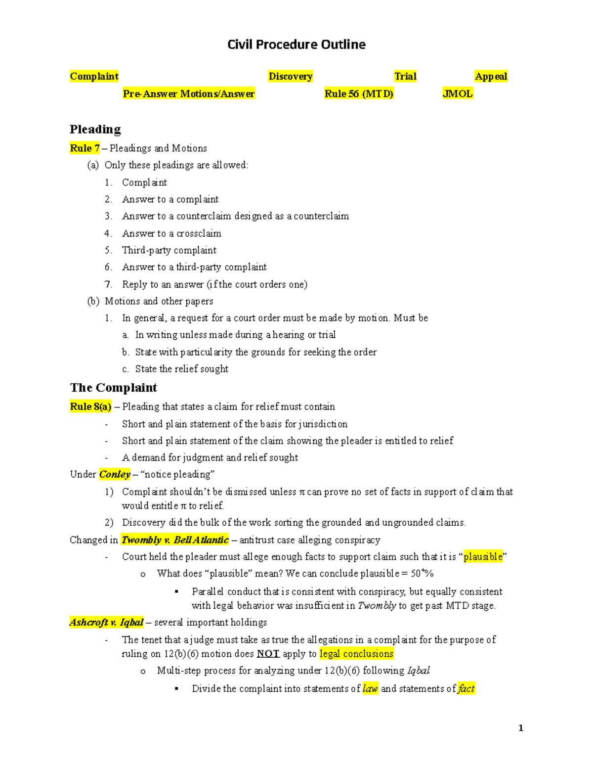 Civil Procedure Outline Fall 2017 - Complaint Discovery Trial Appeal ...