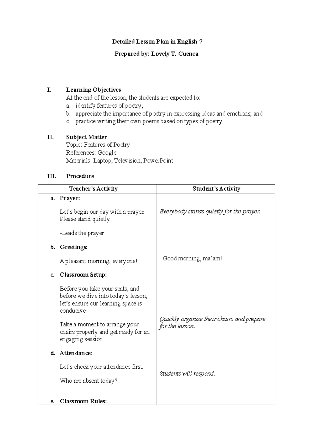 Features OF Poetry ( Grade 7) - Detailed Lesson Plan in English 7 ...