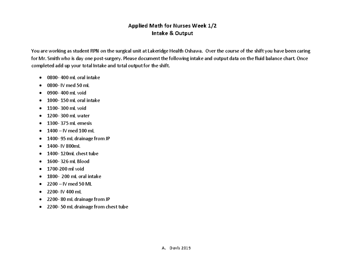 Intake & Output Activity-student - Applied Math For Nurses Week 1 