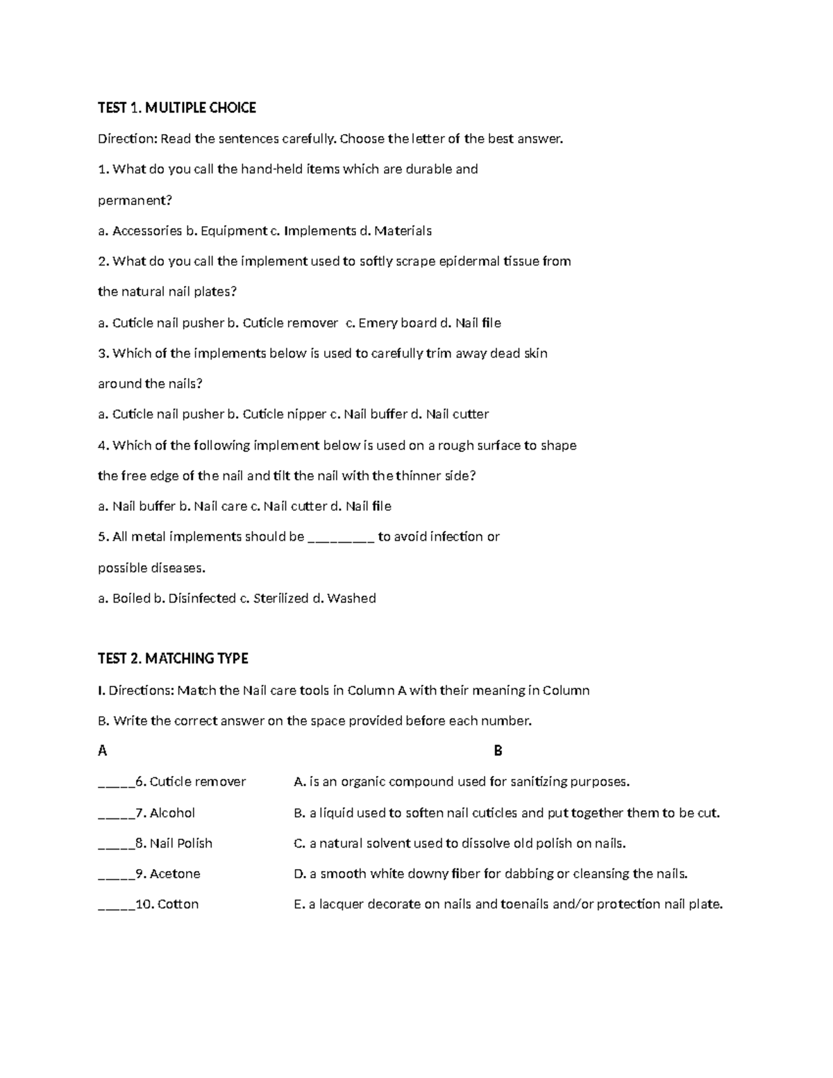 TLE-8 Activity Sheet - TEST 1. MULTIPLE CHOICE Direction: Read the ...