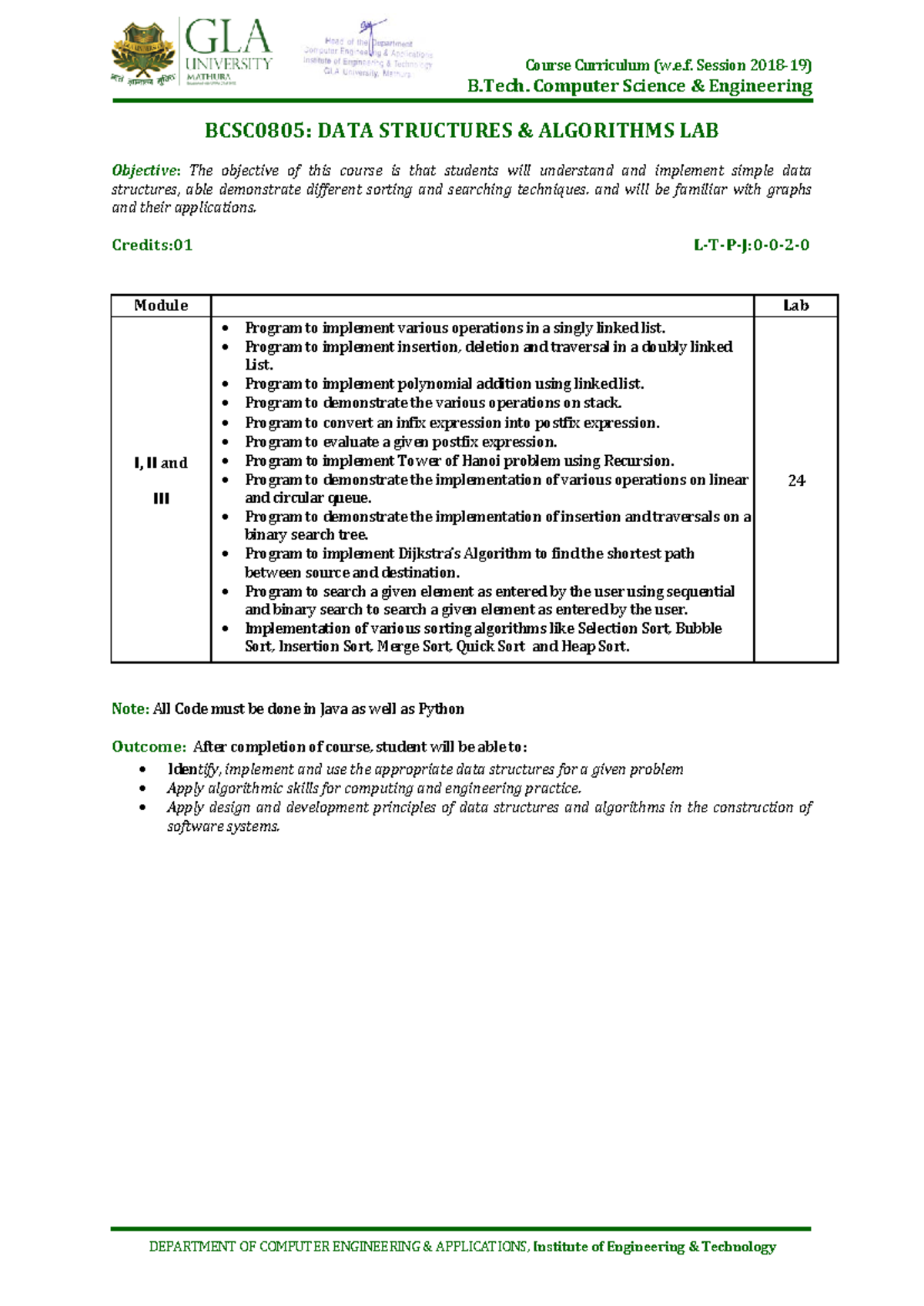 DSA lab - Course Curriculum (w.e. Session 2018-19) B. Computer Science ...