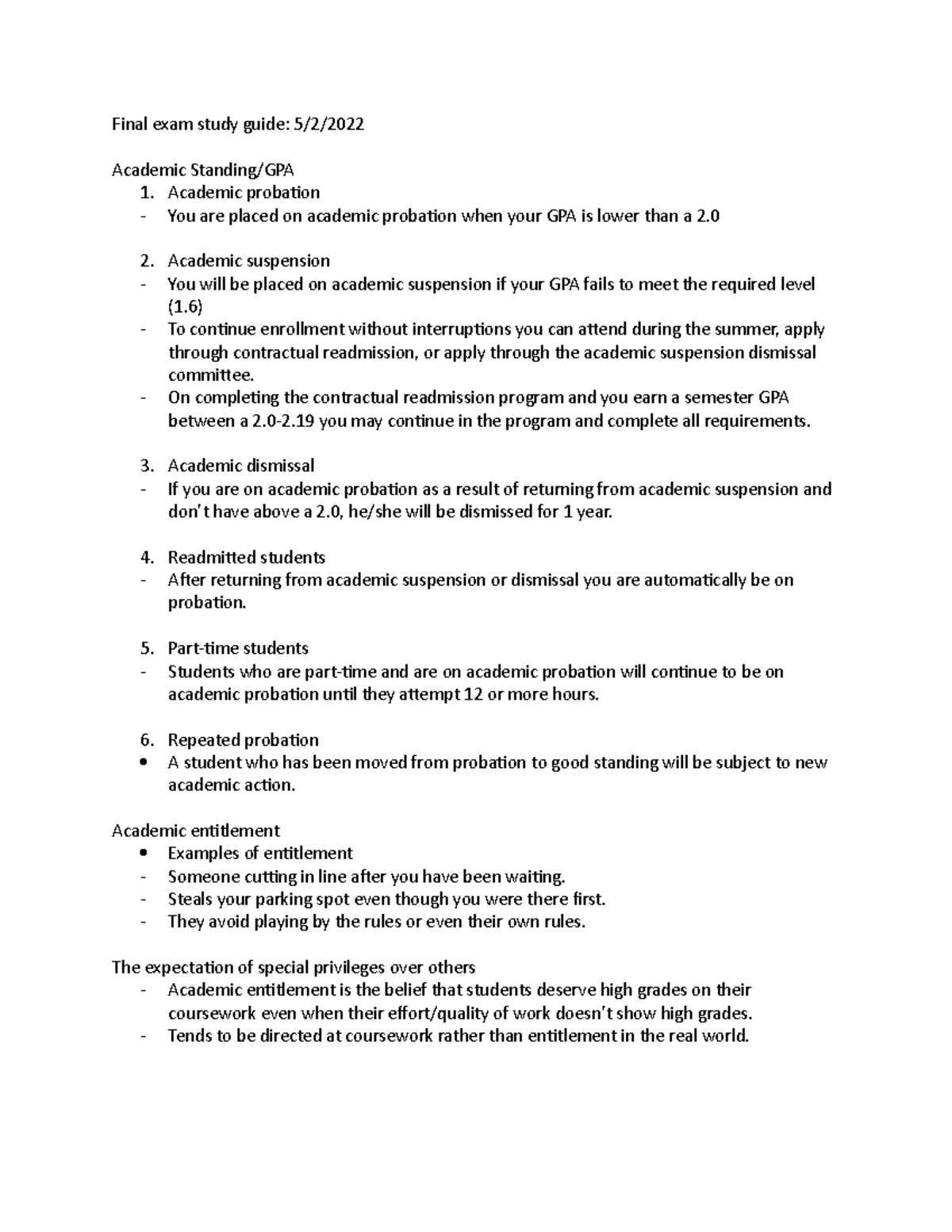 Final Exam Study Guide Academic Probation You Are Placed On