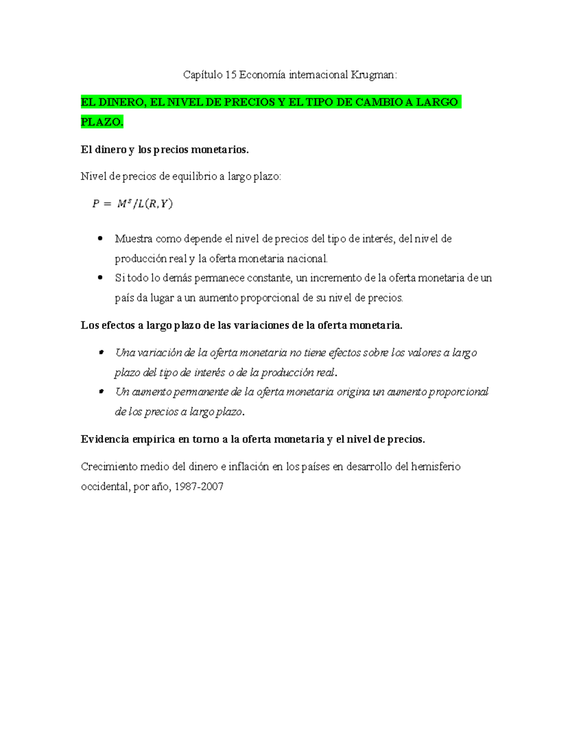 EL Dinero, EL Nivel DE Precios Y EL TIPO DE Cambio A Largo Plazo ...