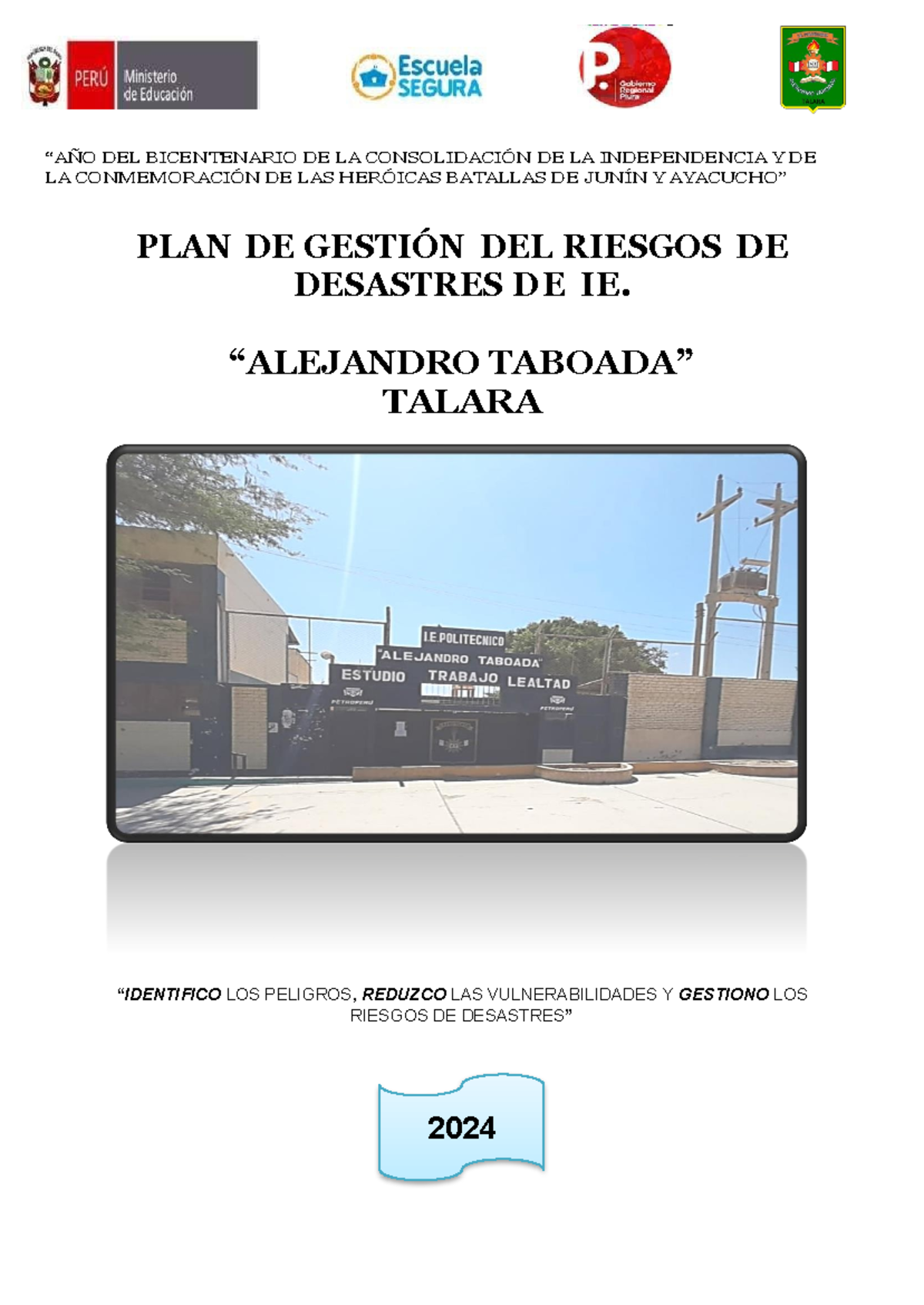 PLAN DE Gestion DE Riesgos DE LA I.E Alejandro Taboada Talara. 2023 ...