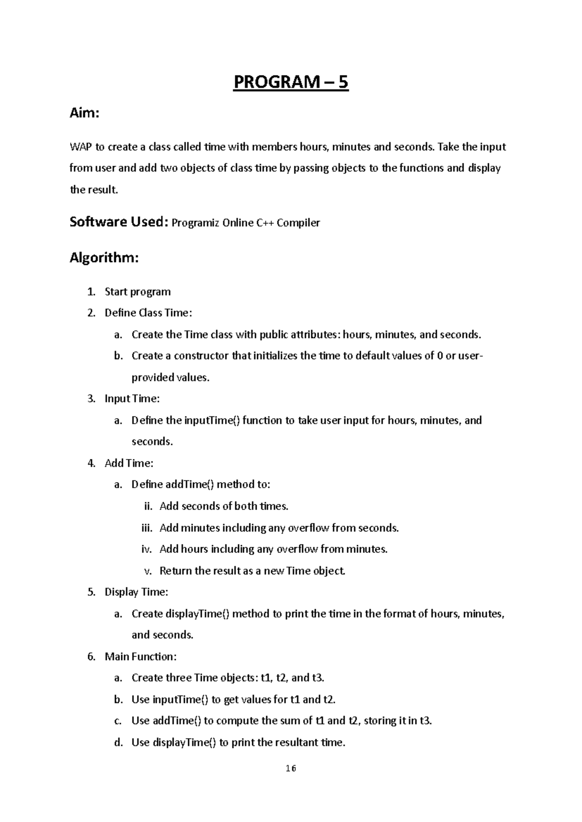 Oops file programs - PROGRAM – 5 Aim: WAP to create a class called time ...