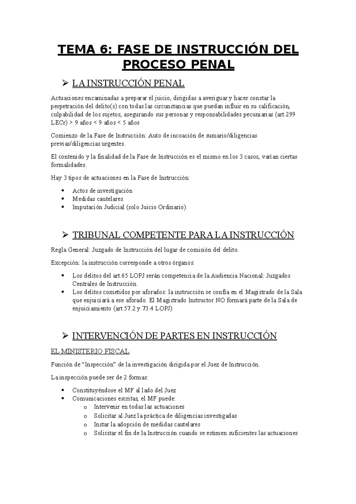 TEMA 6 - Apuntes 6 - TEMA 6: FASE DE INSTRUCCIÓN DEL PROCESO PENAL LA ...