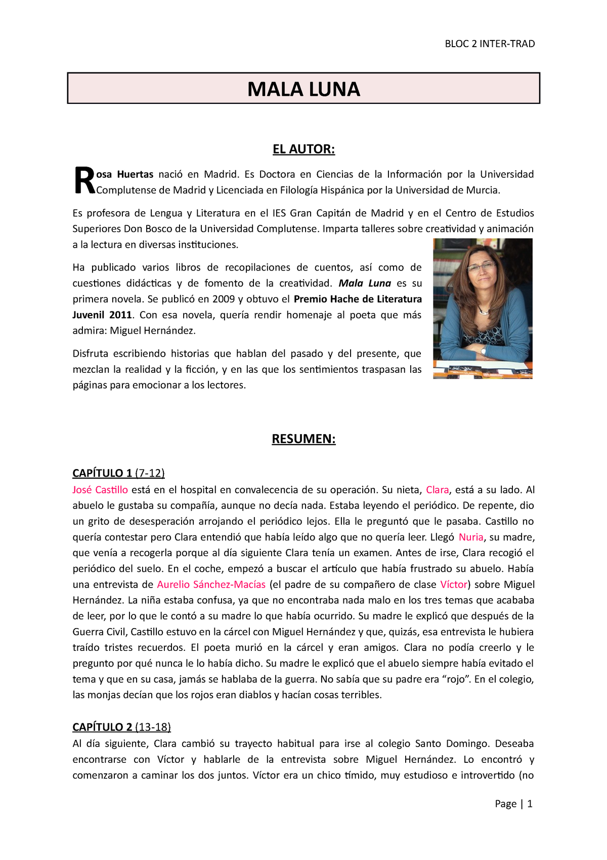 Mala Luna - Résumé - BLOC 2 MALA LUNA R EL AUTOR: osa Huertas en Madrid. Es  Doctora en Ciencias de - Studocu