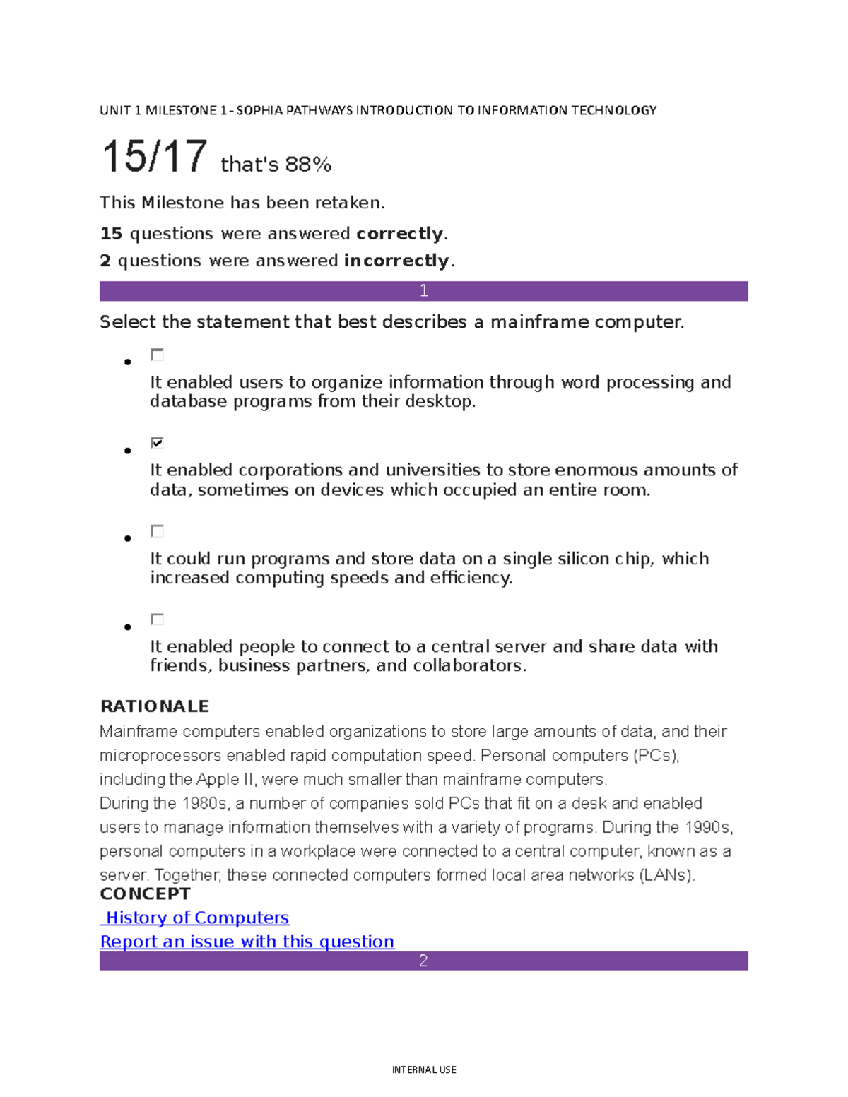 UNIT 1 Milestone 1- Sophia Pathways Introduction TO Information ...