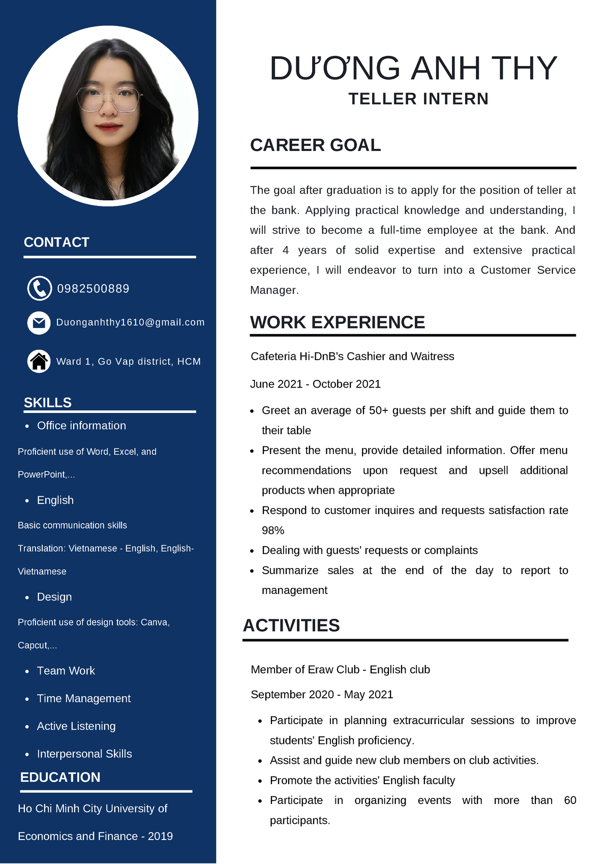 White Simple Student Cv Resume - TELLER INTERN CAREER GOAL The goal ...