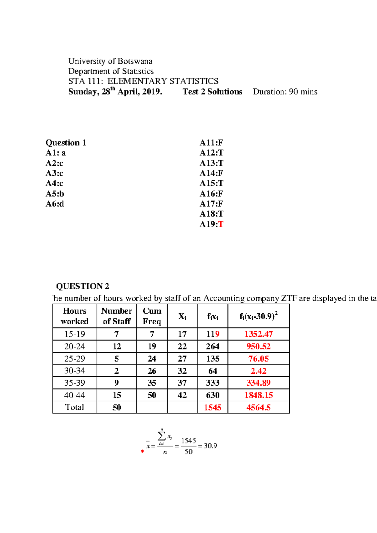 Test 2 STA 111 2019 -Solutions - University of Botswana Department of ...