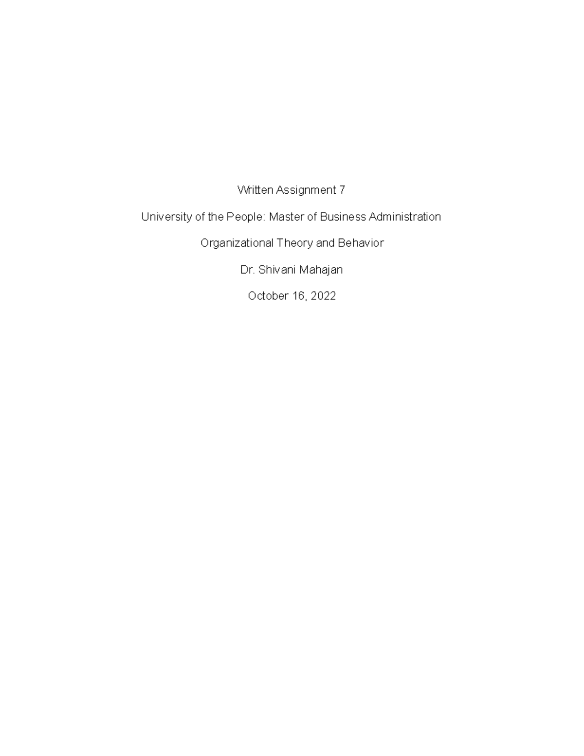 BUS 5110 Unit 7 Written Assignment - Written Assignment 7 University Of ...