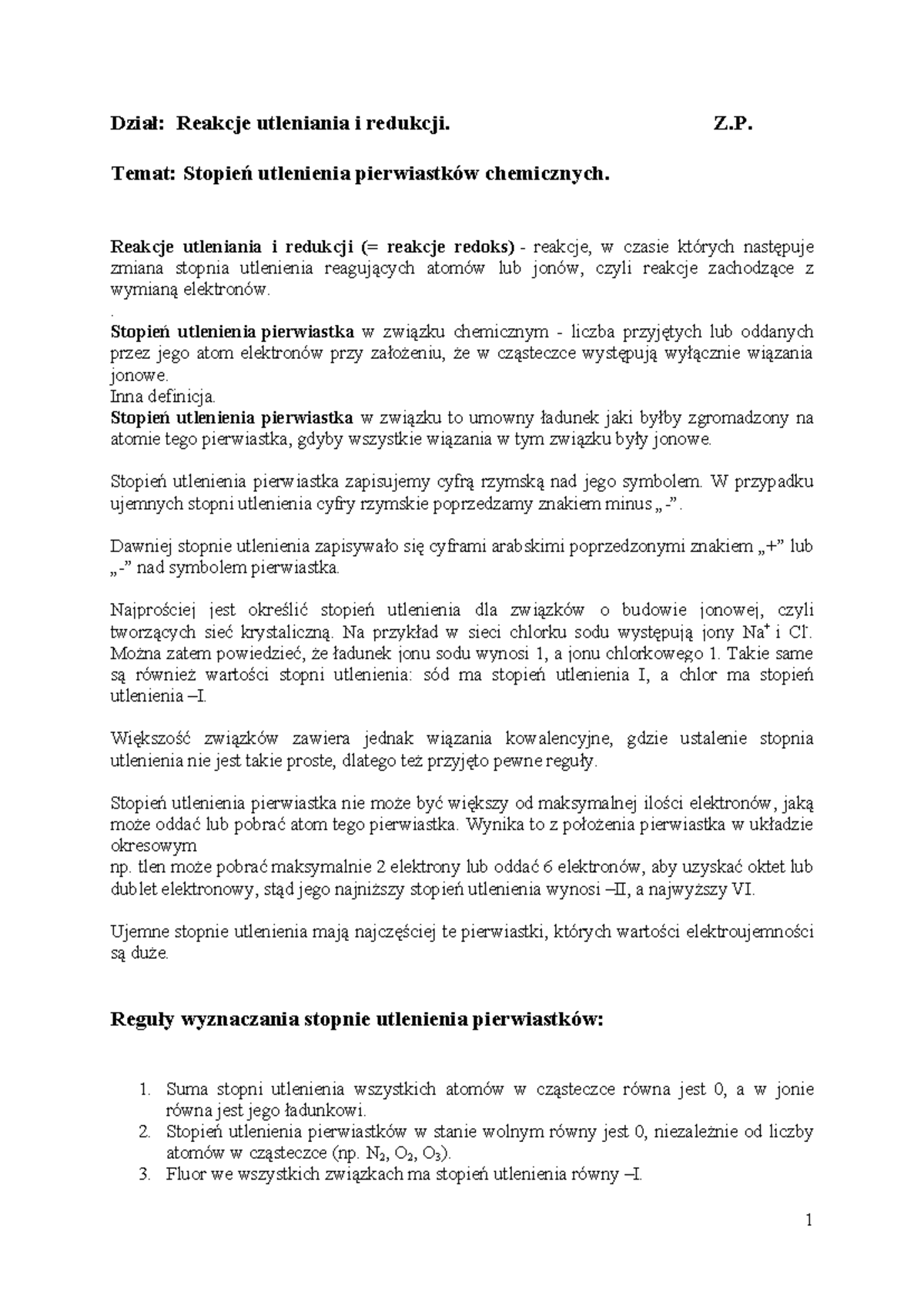 Stopień utlenienia pierwiastka. Z.P. - Dział: Reakcje utleniania i