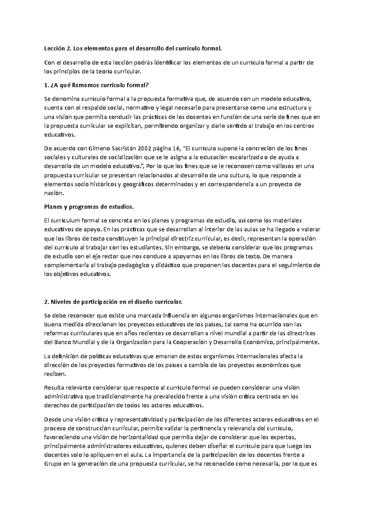 Lección 2. Los elementos para el desarrollo del currículo formal ...