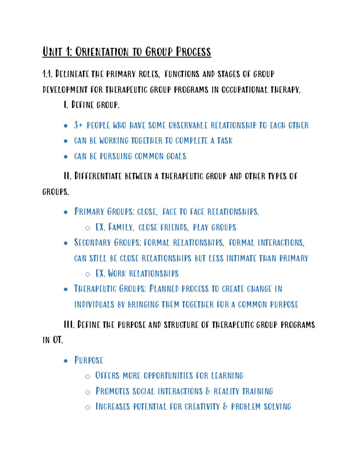 OTA 218 Unit 1 Objectives - Unit 1: Orientation to Group Process ...