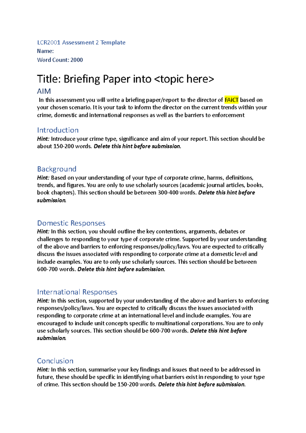 LCR2001 Assessment 2 Template 1 - LCR2001 Assessment 2 Template Name ...