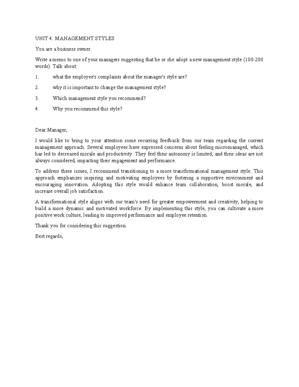 BS Đến BS Đến UNIT 4 MANAGEMENT STYLES You are a business owner