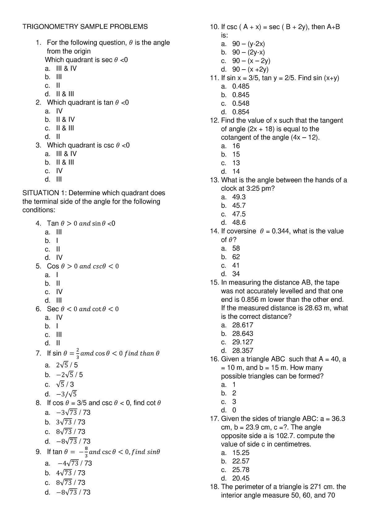 Trigonometry 1 - Sample Problems - Trigonometry Sample Problems For The 