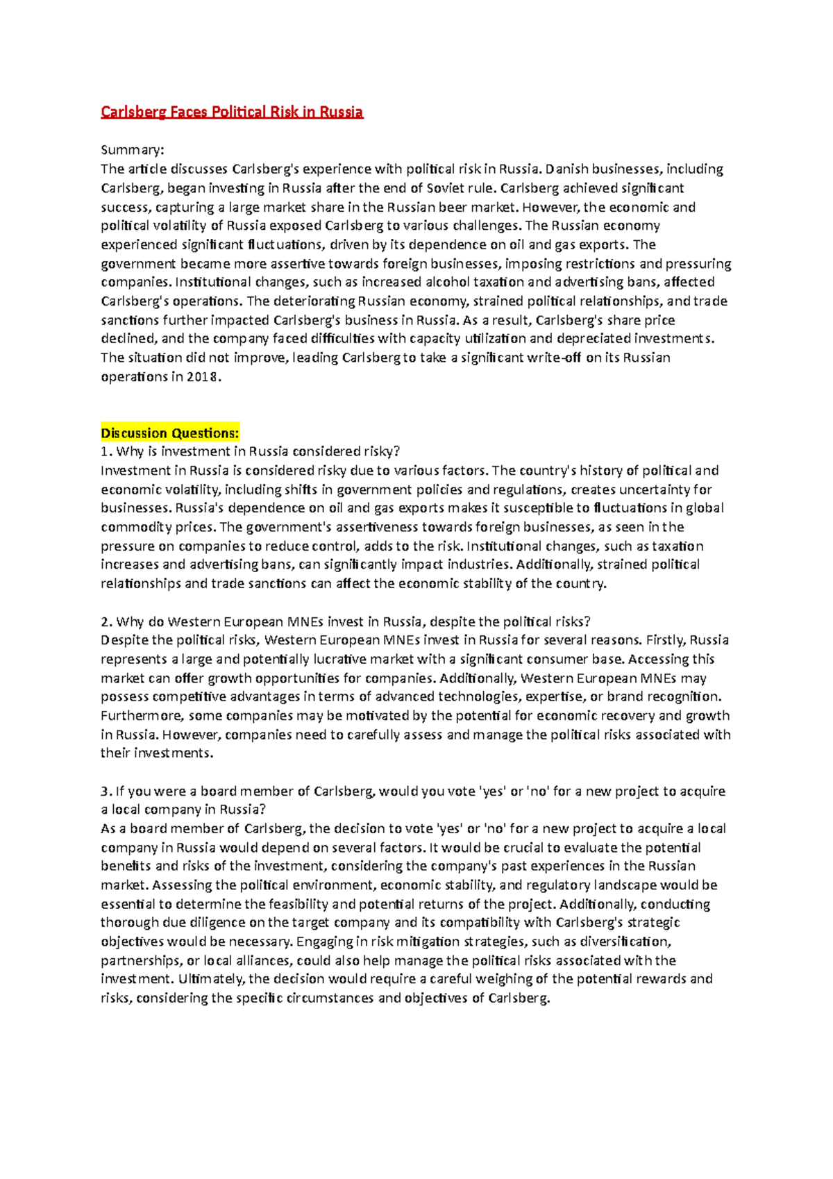 MGMT2341 - Case Study Analysis - Carlsberg Faces Political Risk in ...