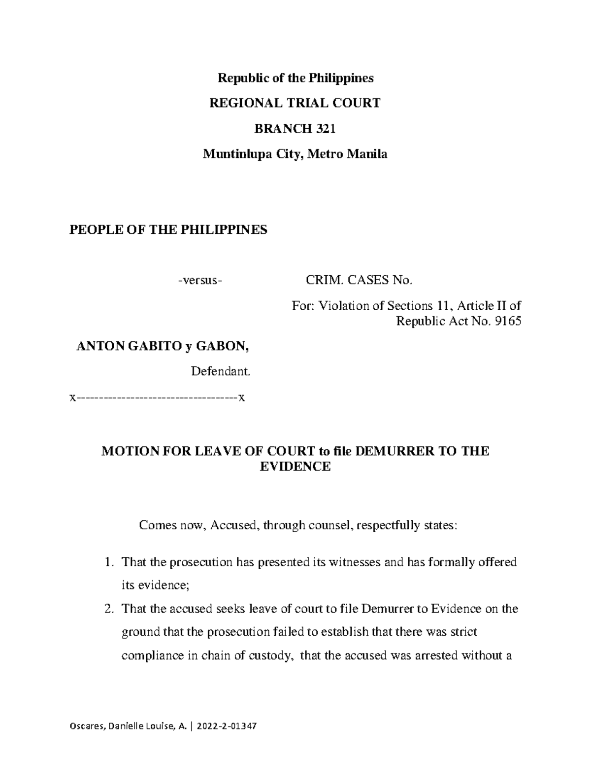 Demurrer template - Republic of the Philippines REGIONAL TRIAL COURT ...