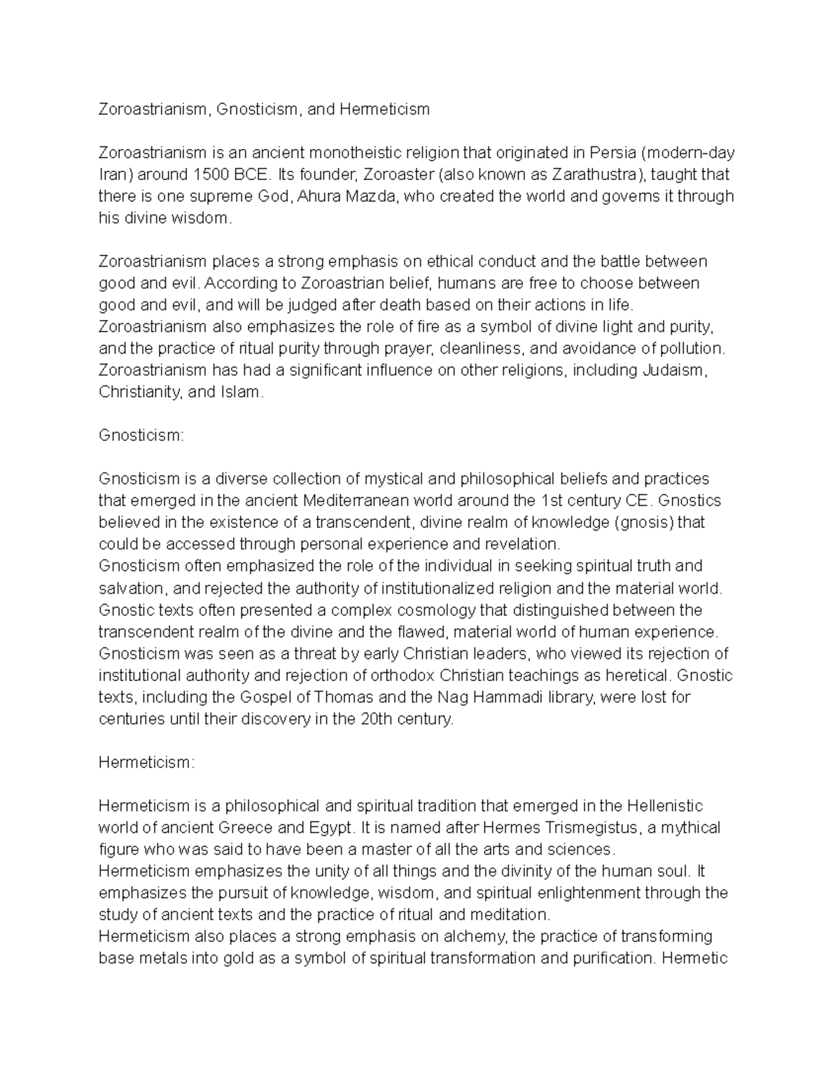 Zoroastrianism, Gnosticism, and Hermeticism Summary Zoroastrianism
