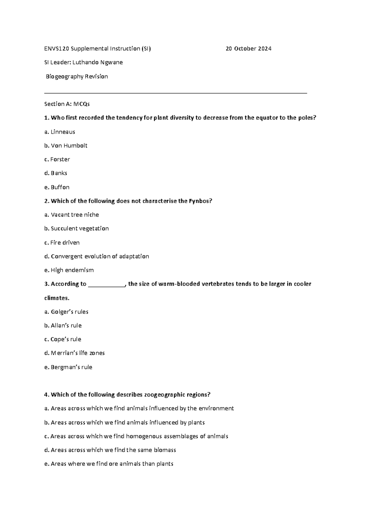 Biogeography test 3 Revision 2024 - ENVS120 Supplemental Instruction ...