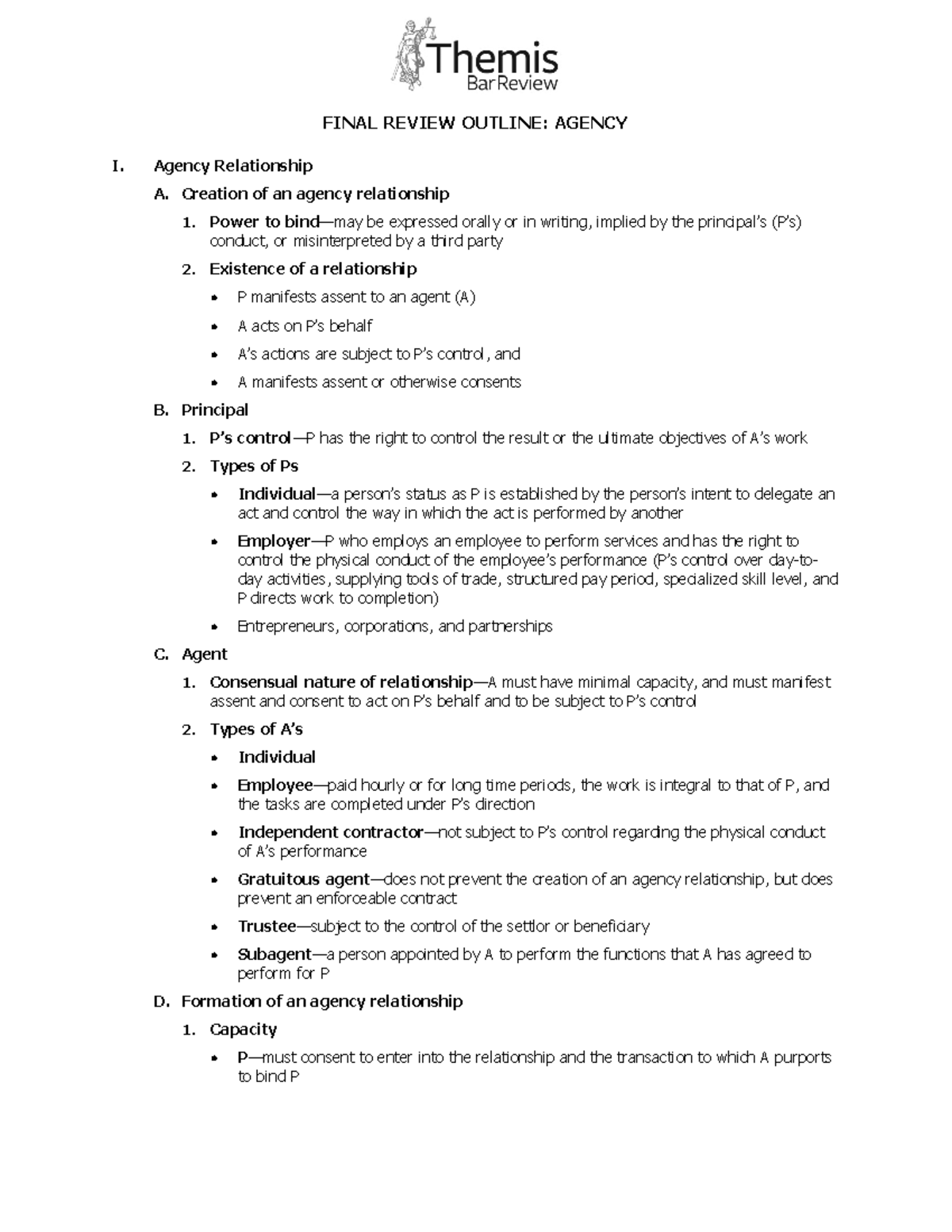 MEE - NY Bar exam Practice - FINAL REVIEW OUTLINE: AGENCY I. Agency ...