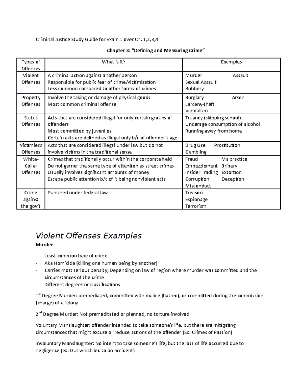 Exam 1 Study Guide over Ch. 1-4 1 - Criminal Justice Study Guide for ...