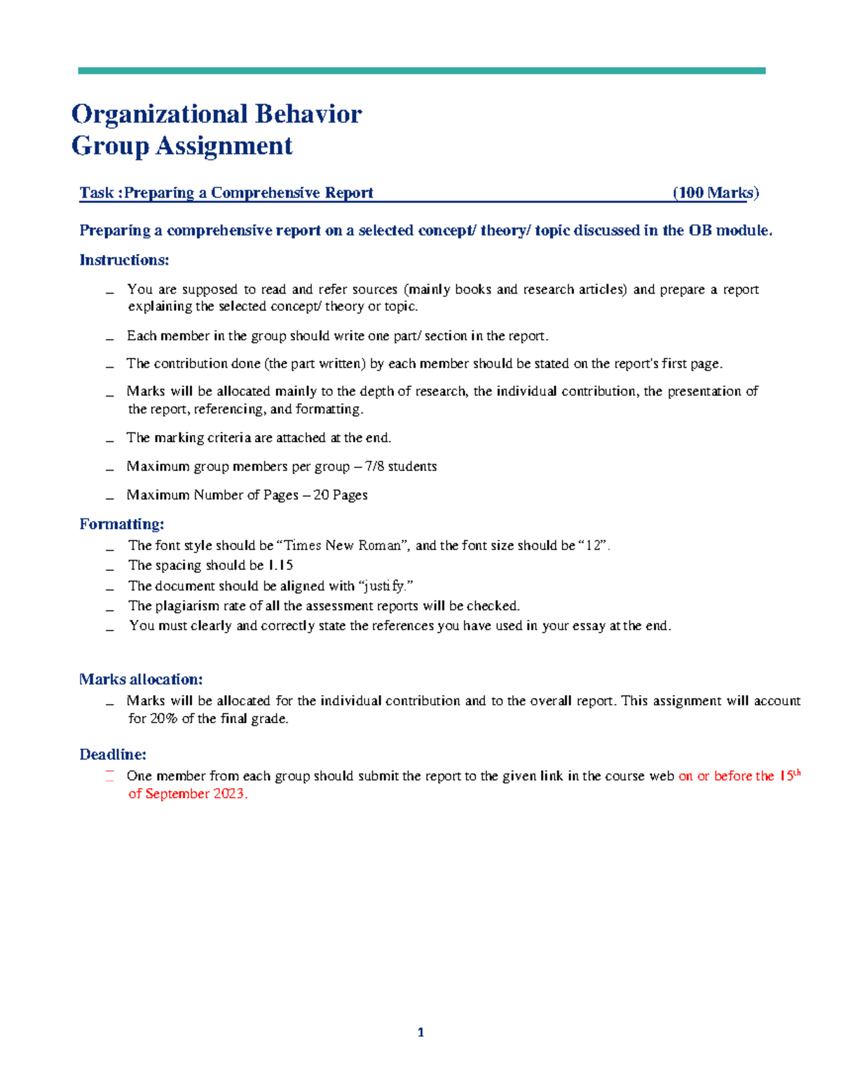 Group Assessment OB - Business statistics - Organizational Behavior ...