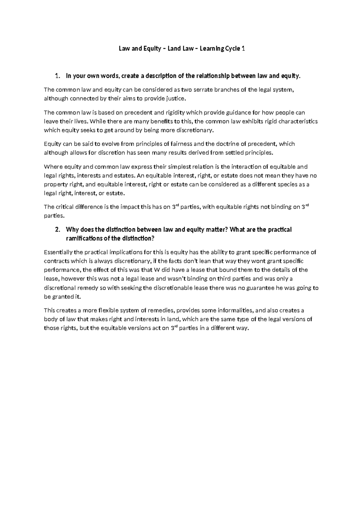 Law and Equity - Lecture notes - Law and Equity – Land Law – Learning ...