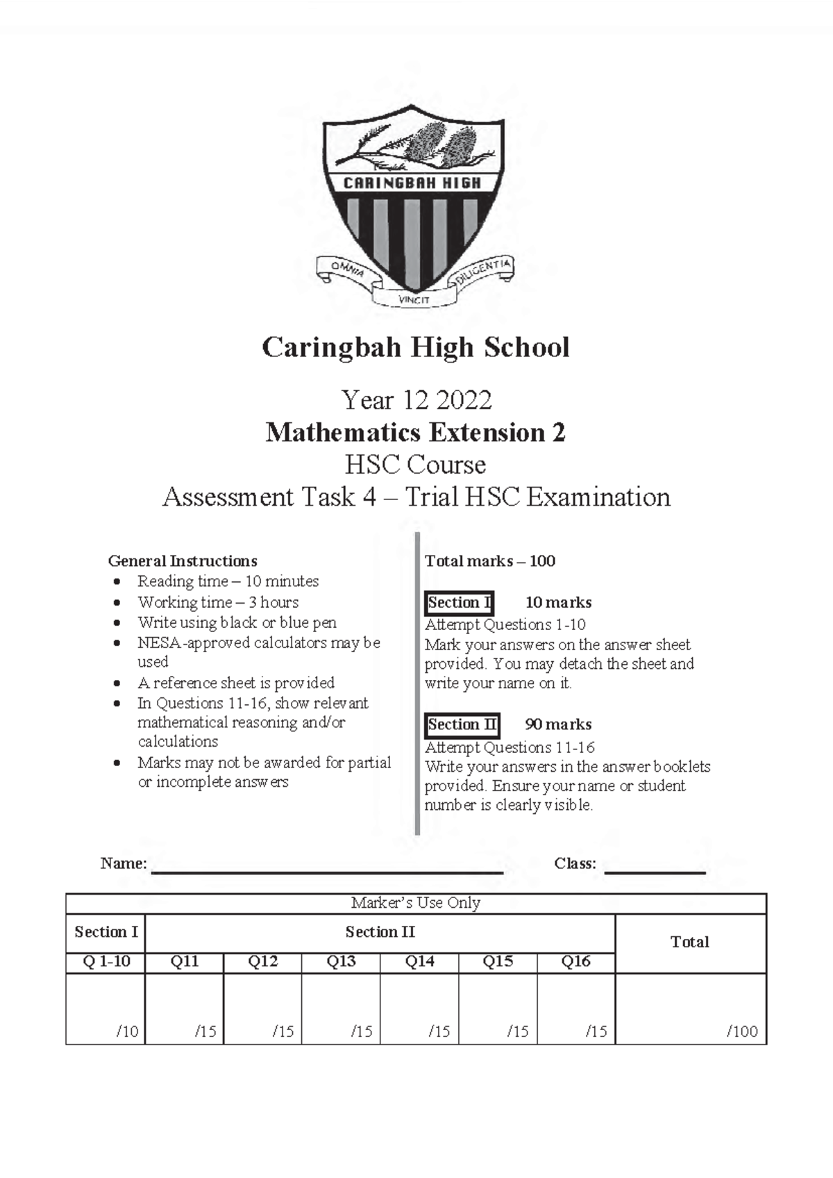 Caringbah 2022 4U Trials & Solutions Caringbah High School Year 12