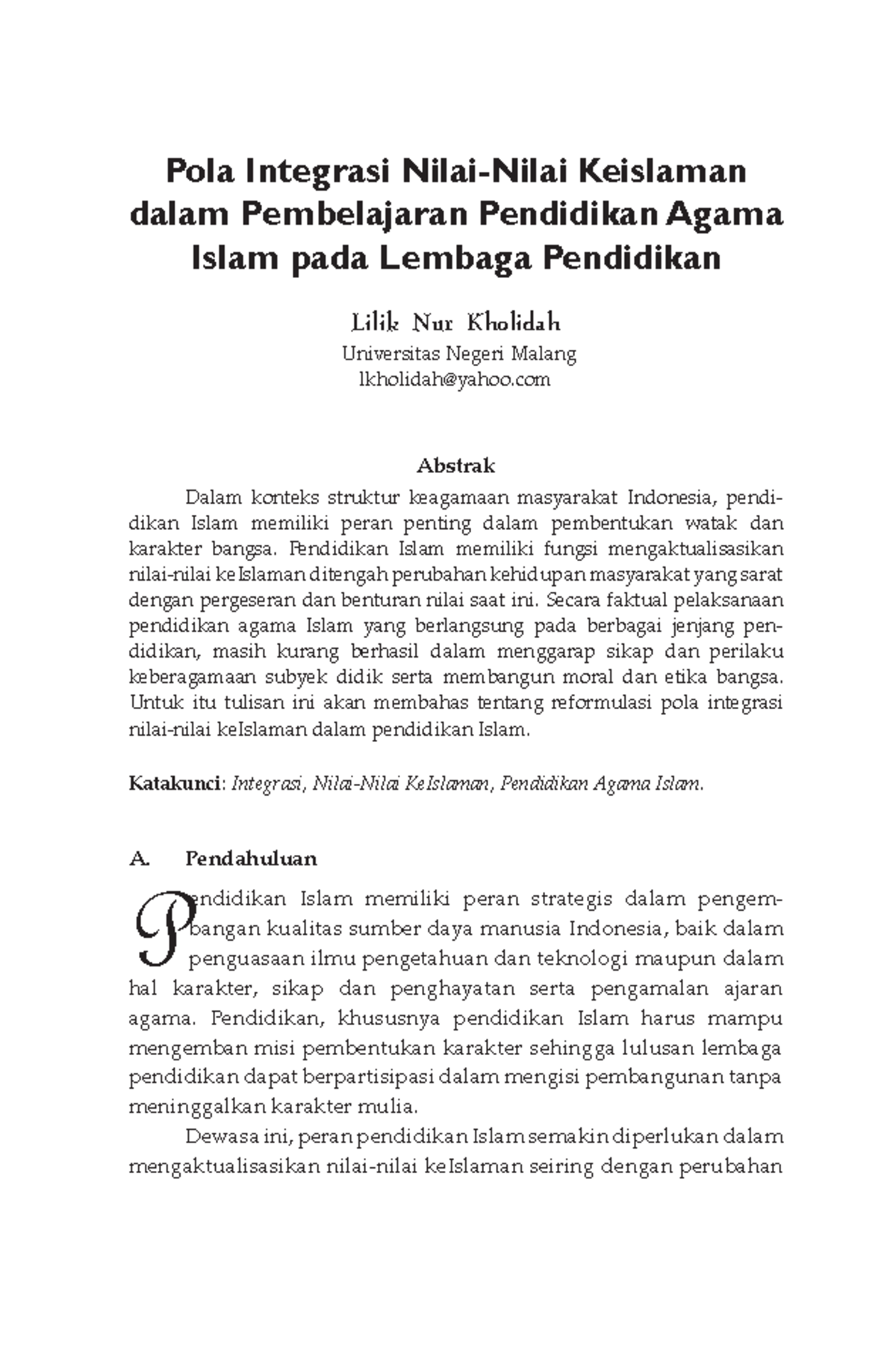 Pendidikan Agama - Pola Integrasi Nilai-Nilai Keislaman Dalam ...