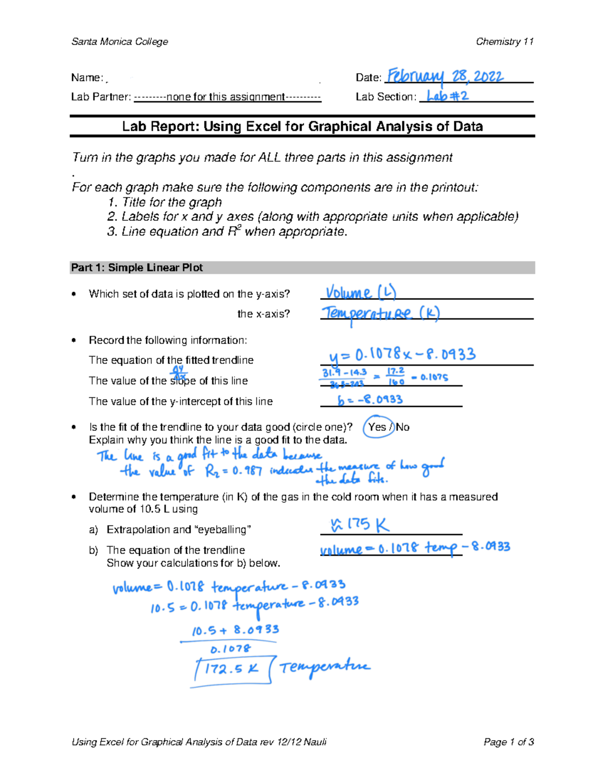 Lab 2 Excel - General Chemistry-Professor Papzyan - Santa Monica ...