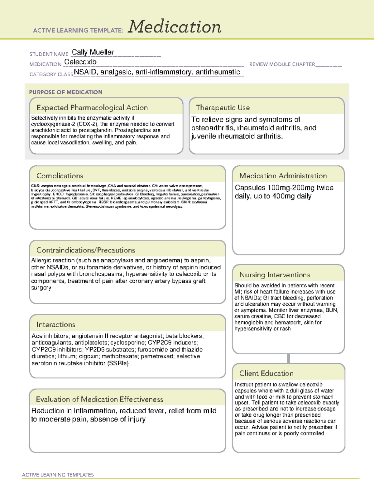 Celecoxib-R - Meds - ACTIVE LEARNING TEMPLATES Medication STUDENT NAME ...