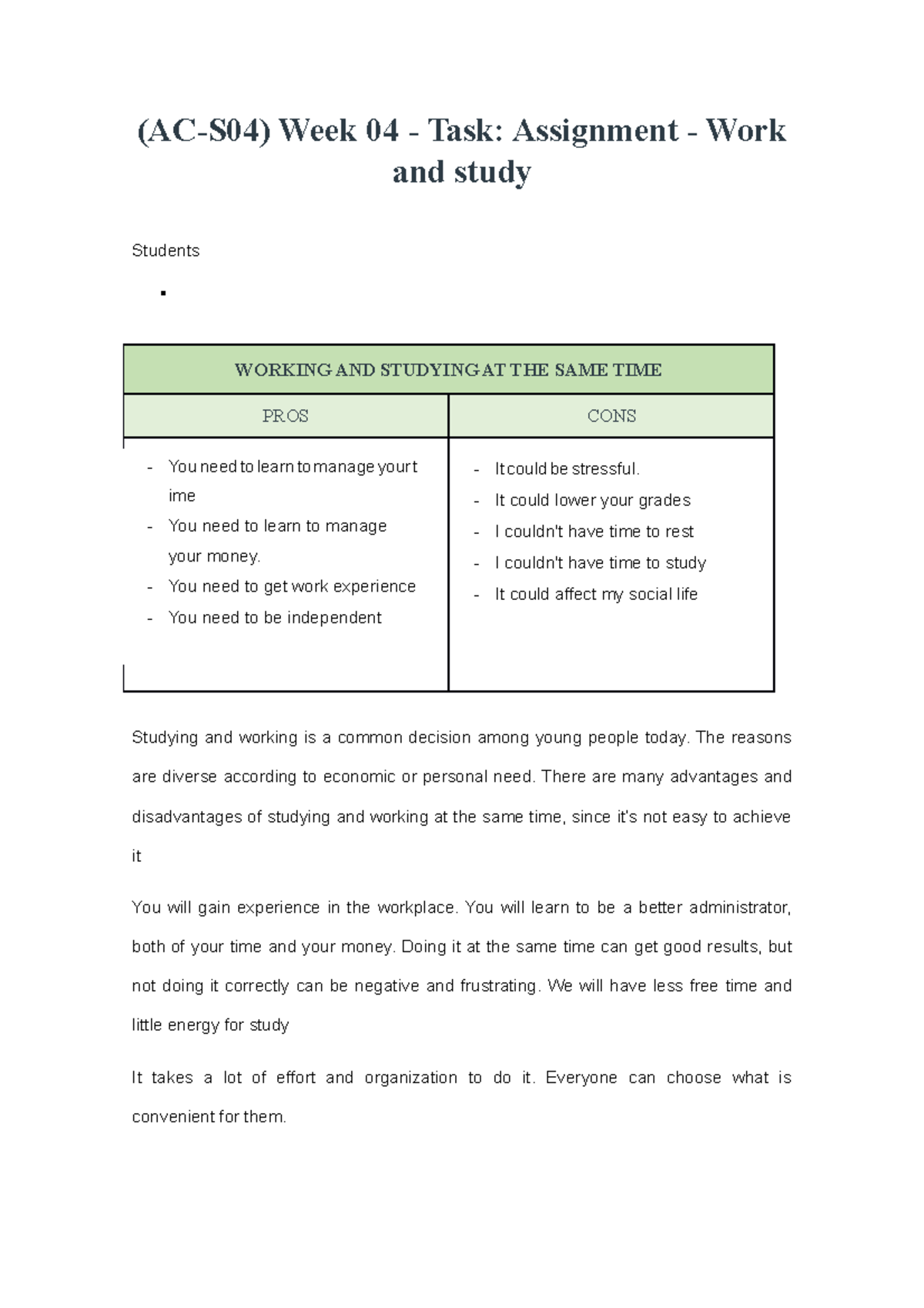 Sem04 - AC S14 - (AC-S04) Week 04 - Task: Assignment - Work and study ...