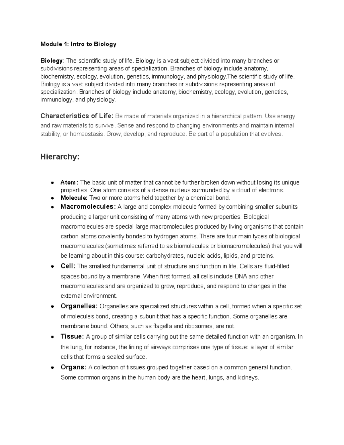 Untitled document - notes - Module 1: Intro to Biology Biology: The ...